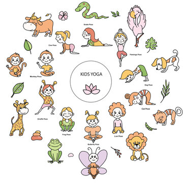 Set of kids yoga animal poses and tropical leaves, flowers, branches. Vector cartoon illustration in doodle style.