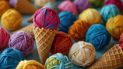 Colorful balls of organic cotton yarn waffle cones for ice cream . Recomforting hobby to reduce stress