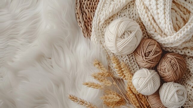 Craft hobby background with yarn in natural colors. Recomforting hobby to reduce stress for cold fall and winter weather. Mock up, copy space, top view