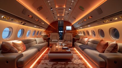 Fototapeta premium Inside the Airplane With Couches and Tables
