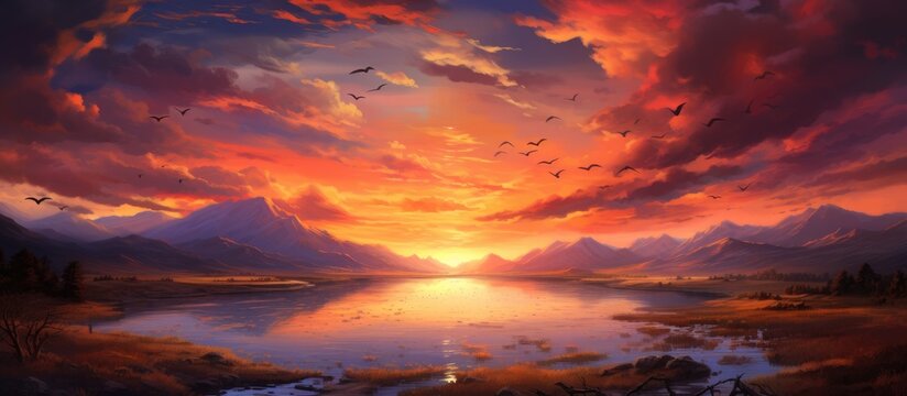 A painting depicting a vivid sunset over a tranquil lake, showcasing a dazzling array of colors in the sky reflecting on the waters surface.