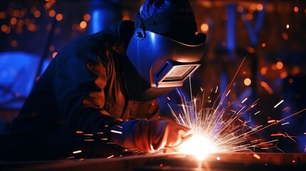 Close up of professional welder working on medium sized pipe with blue light in foreground - obrazy, fototapety, plakaty