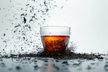 A glass cup of brewed tea with tea leaves, white background