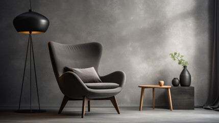 A sophisticated living room with a minimalist decor and an industrial vibe, including a grey armchair and a black lamp