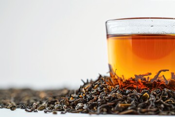 A glass cup of brewed tea with tea leaves, white background