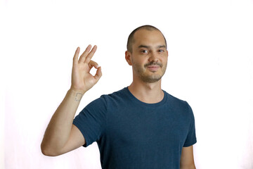 expressive bald man in blue tshirt