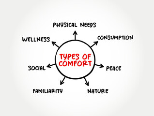 Common types of Comfort (a state of physical ease and freedom from pain or constraint) mind map concept background