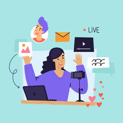 Blogger hosts a podcast, records videos, livestream. Flat illustration