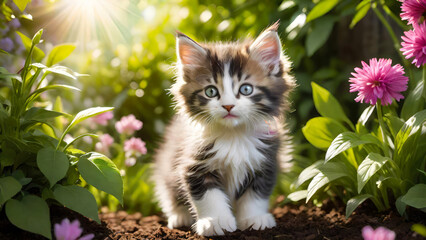 Cute kitten walking outdoor among beautiful flowers in the garden at spring or summer sunny day.Generative AI