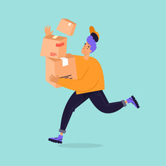 Delivery man carries a bunch of boxes. Flat illustration	