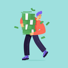 Man is carrying a lot of money. Success. Flat illustration