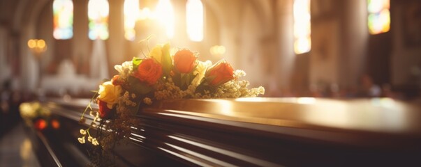 Coffin in a church at funeral with perfect light and flowers, banner. Generative Ai. - obrazy, fototapety, plakaty
