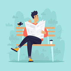 News. Man sits on a bench reading a newspaper. Flat illustration - obrazy, fototapety, plakaty