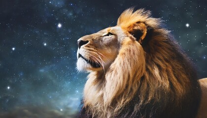 african lion looking up on stars at night proud dreaming fantasy leo on dark dramatic deep starry sky background abstract ghostly portrait of majestic king of animals
