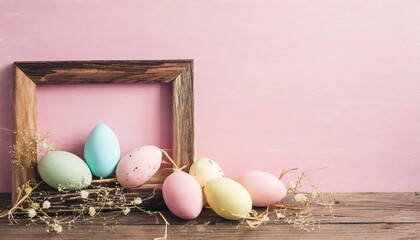 easter eggs and wooden frame on pink background