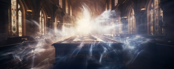 Coffin in the middle of a church at funeral with mystic light, banner. Generative Ai. - obrazy, fototapety, plakaty
