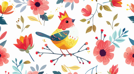 Cartoon beauty bird and crown ornament pattern isola - obrazy, fototapety, plakaty