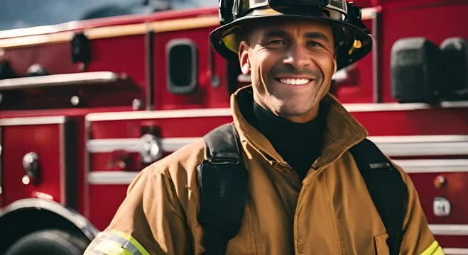 Portrait of ajoyful firefighter in full gear, with beaming smile, set against the iconic red of  fire engine, representing bravery and positivity in service. International Firefighters' Day.