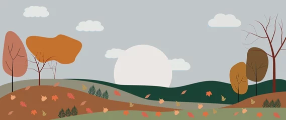 Poster Flat autumn illustration. Panoramic view. The picture shows farm fields, mountains and leaves falling from trees in yellow foliage... © TA Sydoruk