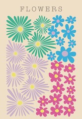 Fototapeta na wymiar Flat floral illustration. Floral invitation card design template, different flowers on light brown background...