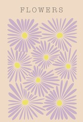 Flat illustration. Cute spring card or poster. The picture shows a milky background and purple daisies. With any inscription on top...