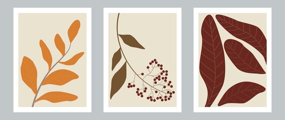 Flat illustration. Set of three posters. The picture shows viburnum leaves and berries in autumn colors. Red berries and burgundy, yellow and green leaves on tree branches...