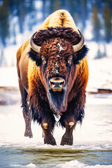 Bison Standing in Snowy Water