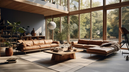 Fototapeta premium A spacious living room featuring natural materials like wood and leather