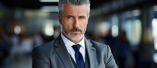 Fototapeta premium A close-up portrait of a middle-aged man in a suit and tie, exuding confidence and leadership as he stands with his arms crossed.
