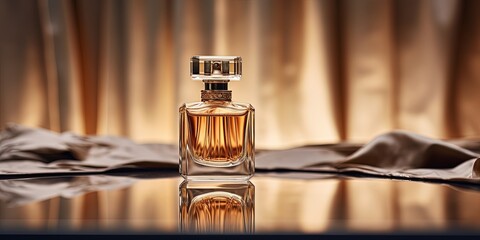 Elegant and modern perfume bottle on a mirrored surface with soft curtain background - obrazy, fototapety, plakaty