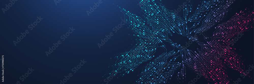 Poster Quantum technologies concept. Deep learning artificial intelligence. Circuit board texture background design. Big data algorithms visualization. Neural networks illustration.