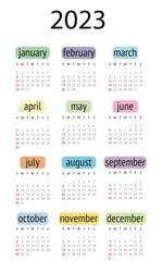 Wall calendar for 2023. In a minimalist style and with bright colors. The week starts on Sunday. The monthly calendar is ready to print and use...