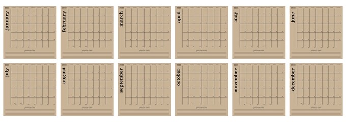 Calendar for 2023. The week starts on Sunday. Wall calendar in minimalist style with space for notes. In brown color...