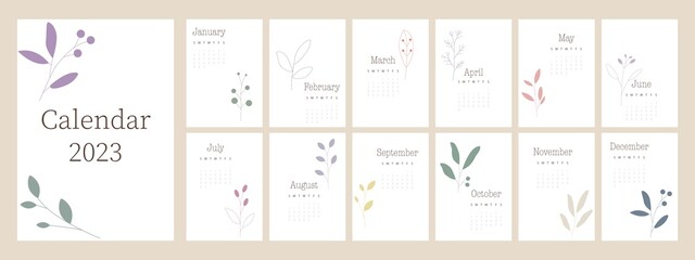 Wall calendar for 2023. Multicolored tender leaves. The week starts on Sunday. The monthly calendar is ready for printing. - obrazy, fototapety, plakaty