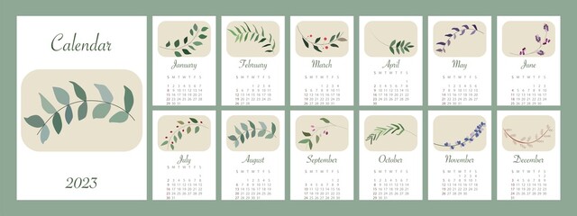 Calendar for 2023. In the style of minimalism. With leaves and on a green background. The week starts on Sunday... - obrazy, fototapety, plakaty
