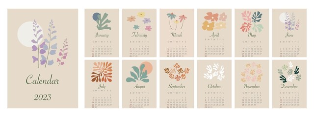 Calendar 2023. The week starts on Sunday. Minimalist wall calendar with spring flowers. In an abstract style...