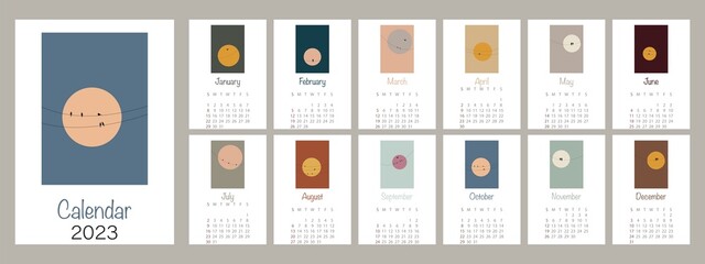 Calendar of 2023. The week starts on Sunday. Wall calendar in minimalist style with sunset and birds...