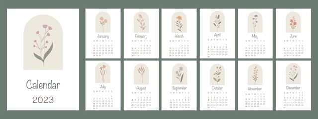 Flat calendar 2023. Floral design. The week starts on Sunday. A wall or table calendar in a minimalist style...