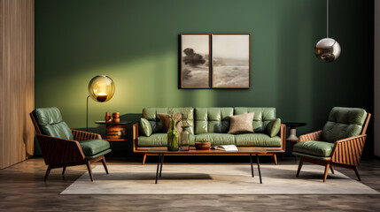 A spacious living room with a green sofa, armchairs and side table made from sustainable materials