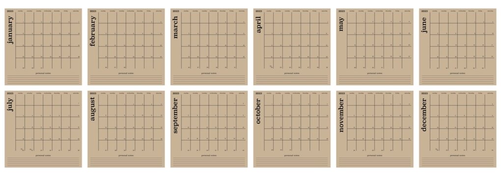 Calendar for 2023. The week starts on Sunday. Wall calendar in minimalist style with space for notes. In brown color...