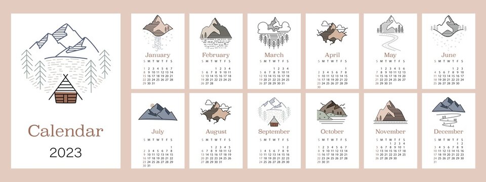 Flat lunar calendar for 2023. Minimalist calendar with landscape and mountains. The week starts on Sunday. Illustrations in a rustic style...