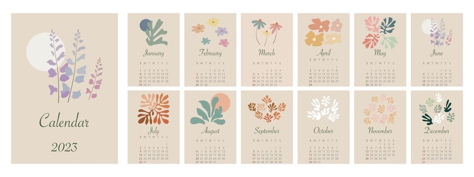 Calendar 2023. The week starts on Sunday. Minimalist wall calendar with spring flowers. In an abstract style...