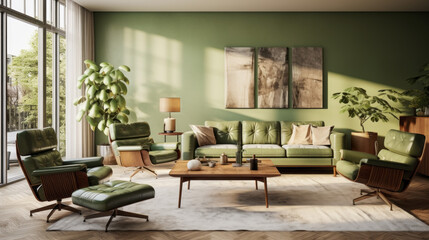 A spacious living room with a green sofa, armchairs and side table made from sustainable materials