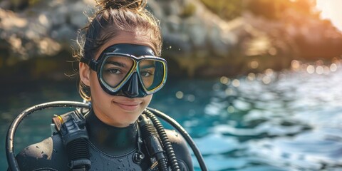 A woman in scuba diving gear and rubber wetsuit - Powered by Adobe