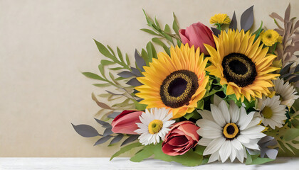 Arrangement, tulip, daisy, sunflower, empty space 