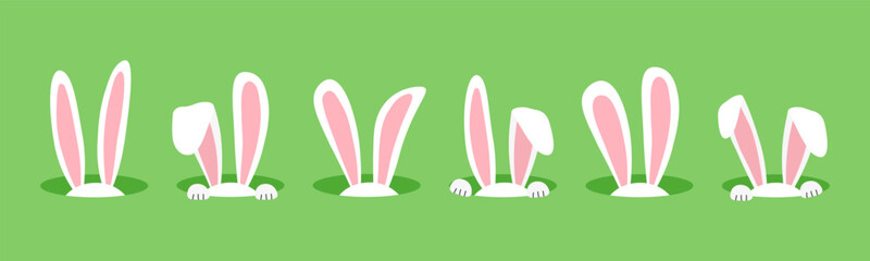 Easter rabbit in hole, ears bunny, cartoon funny character on green background. Cute animal vector illustration