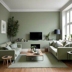 This lovely modern living room has a monochromatic sage-green wall with contemporary wall color and furnishings like a table, chair, and houseplants.
