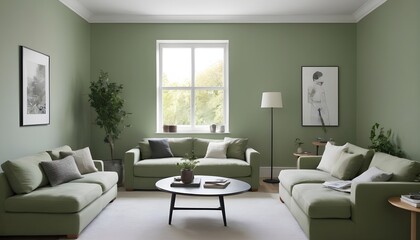 This lovely modern living room has a monochromatic sage-green wall with contemporary wall color and furnishings like a table, chair, and houseplants.