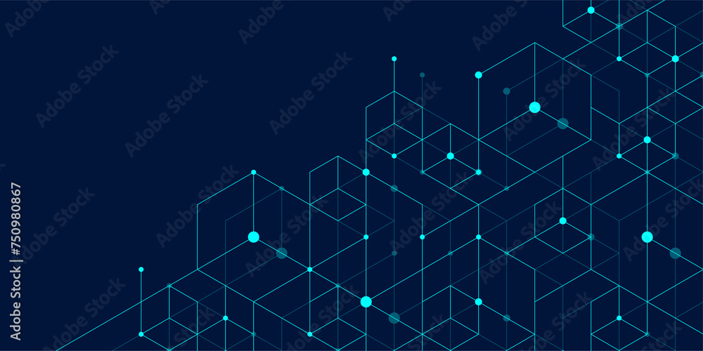 Poster Modern technology illustration with square grid. Technology banner template cubes texture. Digital geometric abstraction with lines and dots