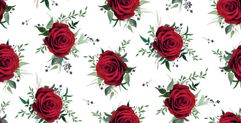 Bohemian seamless pattern. Red roses, garden greenery, leaves, branches, berries bouquet vector watercolor illustration. Fabric textile print, marsala, burgundy floral, botanical background decoration